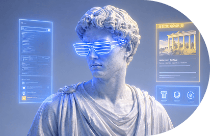Statua classica in marmo circondata da elementi grafici di analisi su sfondo blu