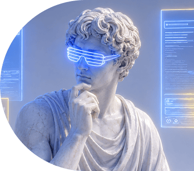 Braccio di statua classica in marmo che si protende verso l'alto su sfondo blu